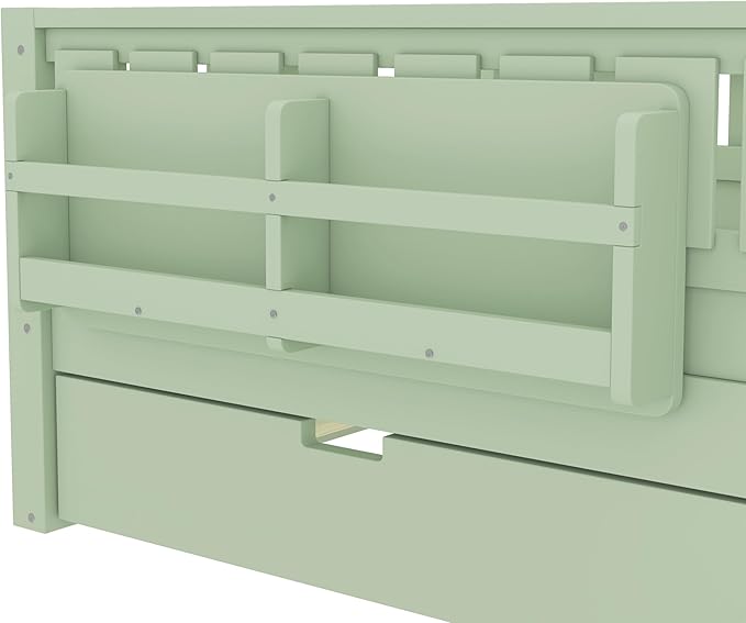 Bellemave Twin Size Kids Bed with high Rails and with Built-in Bookshelf and Trundle for Kids, Girls, Boys, Wood Montessori Bed Without Door, Avocado Green