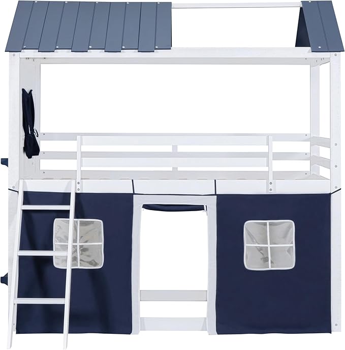 Full Size House Bunk Bed with Elegant Windows and Sills, Solid Wood Tent Bed Frame with Guardrails for Kids Teens Boys Girls, Versatile Spacious Under Bed Space with Curtains (White+Blue C)