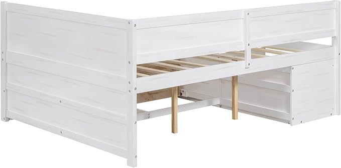 Full Size Daybed with 4 Storage Drawers and Shelves, Wooden Full Platform Bed Frame with L-Shaped Headboard and Slats Support, Corner Bed Full Captain Beds for Kids Boys Girls Teens, White