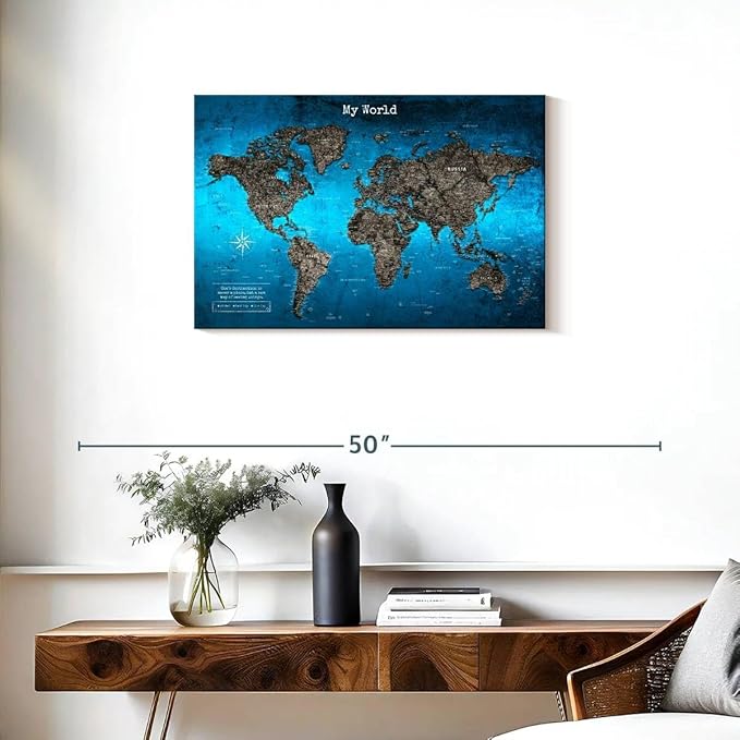 ElephantStock - My World Push Pin Travel Map Iii Wall Art - Horizontal Canvas Wall Art - Living Room Wall Decor - Digital Art Map Canvas Art - Turquoise And Blue Decor - 30" x 20"