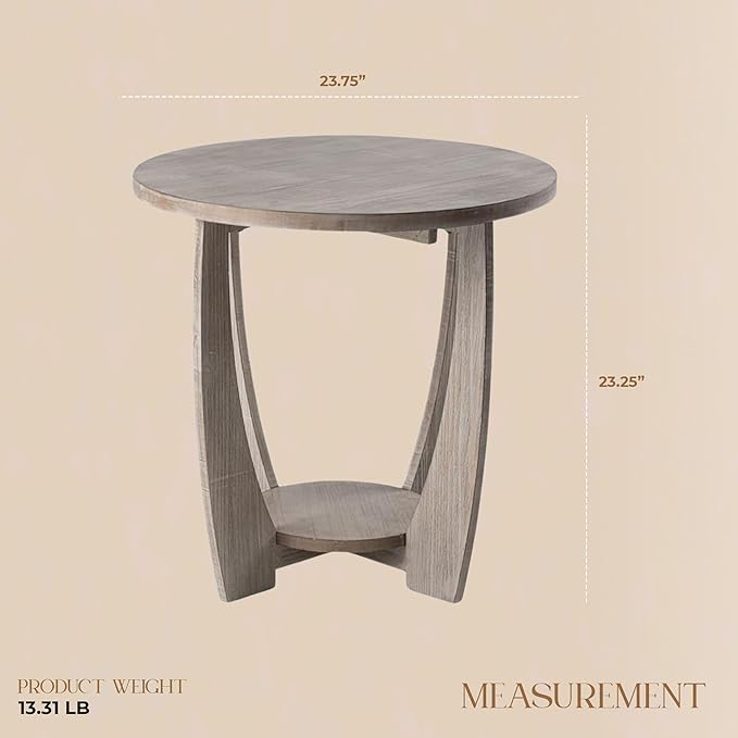 COZAYH Rustic Farmhouse End Table with Storage Shelf, French Country Modern Round Accent Side Table for Small Spaces, Vintage Grey Finish