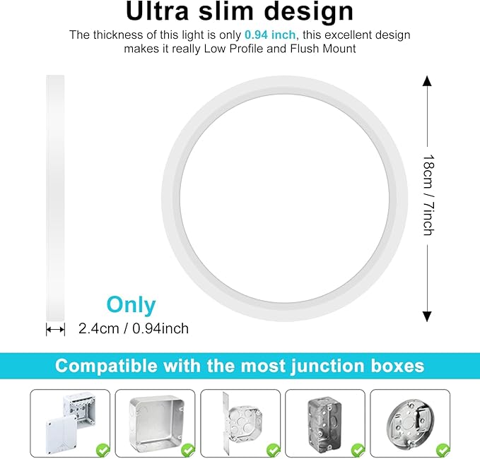 libtit 6 Pack 7 Inch Led Ceiling Light Flush Mount, 15W 1500Lm Ceiling Light Fixtures, 3000K/4000K/6500K Color Options, Round Surface Mount Led Light Fixtures for Hallway Laundry Garage