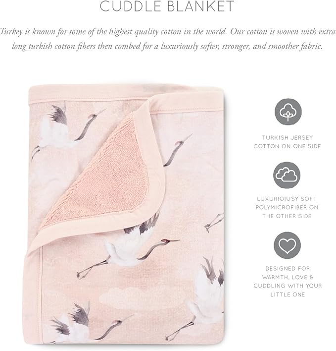 Oilo Baby Blanket, Luxury Soft Plush Backing & 100% Turkish Cotton Jersey Print, Double Layered, 30" x 40", Rolled Jersey Edge Trim, Machine Washable, Perfect for Infant or Toddlers, Pink Crane Birds