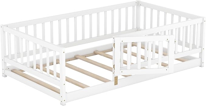 Twin Size Floor Bed Frame with Door and Slats,Montessori Floor Bed with Safety Guardrails for Girls Boys,Solid Wood Kids Montessori Bed Twin Size,White