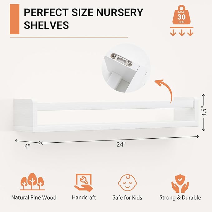 Heimlove Nursery Floating Shelves, Solid Wood Nursery Book Shelves for Wall, 24 inch Bookshelf for Kids, Wall Mounted Shelves for Books,Toys and Decor Storage, Set of 3 (White)