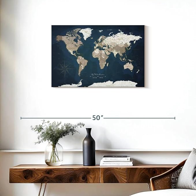ElephantStock - My World Adventures Push Pin Travel Map I Wall Art - Horizontal Canvas Wall Art - Living Room Wall Decor - Printmaking Map Canvas Art - Blue And Beige Decor - 30" x 20"