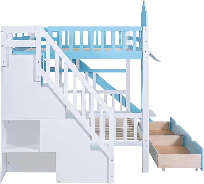 MERITLINE Full Over Full Castle Bunk Bed with Slide,Stairs and Drawers,Solid Wood Floor House Princess Bunk Bed with Storage Shelves (Blue,Full Over Full)