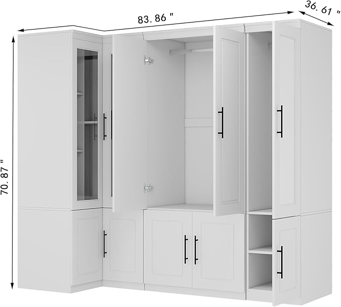 White 5 Door Armoire Wardrobe Closet with Mirror: White Combination Corner Wood Wardrobe Closet Wooden Bedroom Armoire with Hanging Rods for Bedroom/Living Room