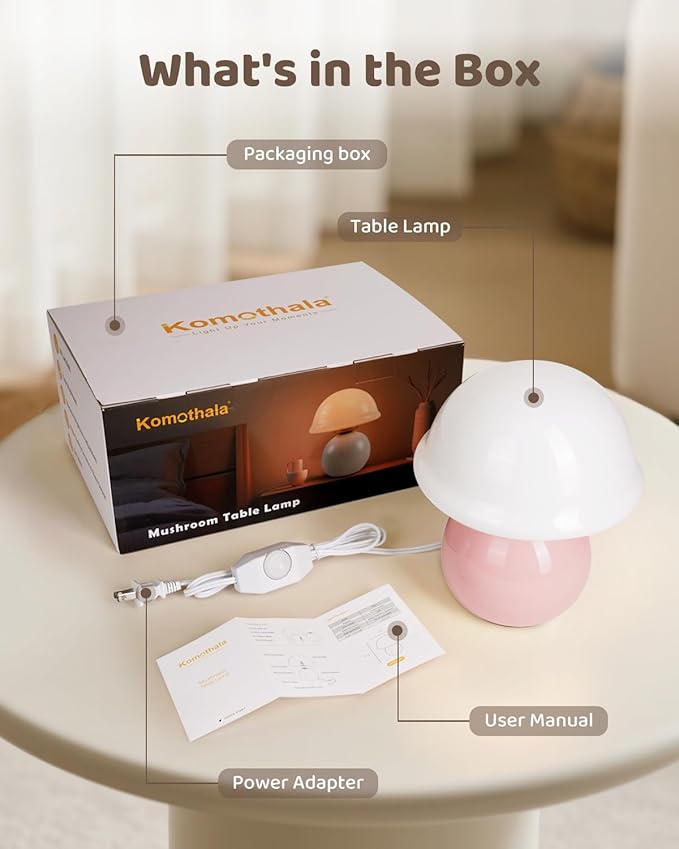 Mushroom Lamp for Bedroom, Cute Small Bedside Table Lamp with Glass Lampshade, Dimmable Nightstand Lamp Mid Century Modern Lamp for Home Living Room Decor (Pink)