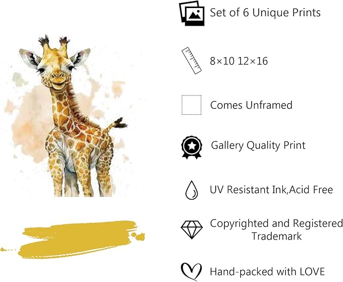 calmart Safari Animals Wall Art - Set of 6 Unframed Wall Prints - Baby Nursery Decor for Boys Girls
