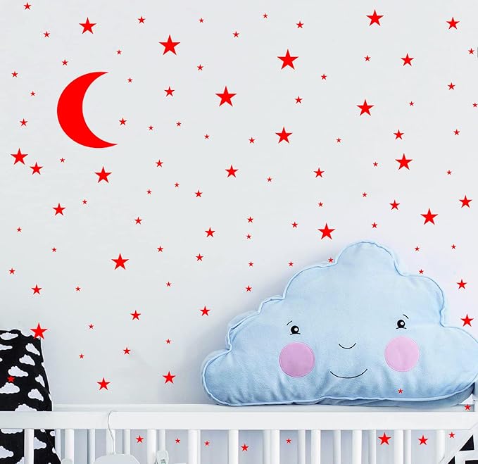 Moon and Stars Wall Decal Vinyl Sticker for Kids Boy Girls Baby Room Decoration Good Night Nursery Wall Decor Home House Bedroom Design YMX16 (Red)