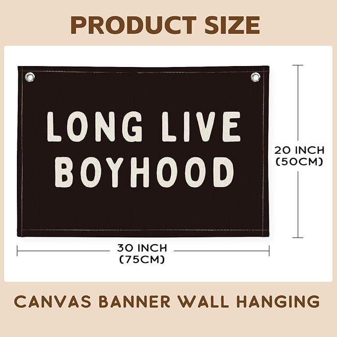 Long Live Boyhood Banner, Boy Nursery Decor, Canvas Banner Wall Hanging Banner Flag Decor for Nursery Playroom Toddler Room, Boys Kids Room Decor (Black)