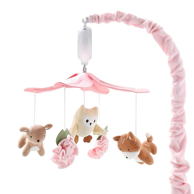 The Peanutshell Crib Mobile for Girls - Pink and White Musical Baby Crib Mobile with 12 Lullabies, Forest Baby Little Forest Nursery Decor