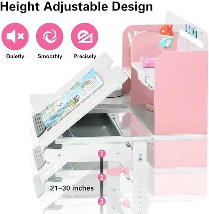 COSVALVE 39in Wide Adjustable Height Kids Desk with Tilting Desktop, Steel Frame, Drawer, and Bookshelf Hutch, Study Child Table for Ages 3-12, Pink