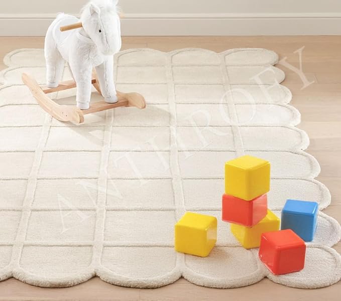 Selena Scallop Area Rug – 3’ x 5' – Handmade Wool Area Rugs – Beige – Rugs for Living Room, Bedroom – Anti-Skid – Carpets with Non-Slip Natural Backing with 100% Cotton