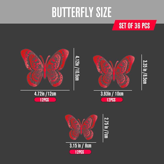 36PCS Butterfly Wall Decals - Red Butterfly Stickers Mural Wall Decor Home Decor Kids Room Bedroom Decor Living Room Decor, Removable Reusable Stickers