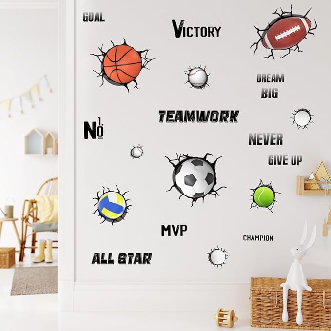 3D Sport Balls Wall Decals, Football, Volleyball, Rugby, Basketball, Tennis Vinyl Wall Stickers, Removable Sports Break Through The Wall Artwork for Boys Bedroom Playroom Decor