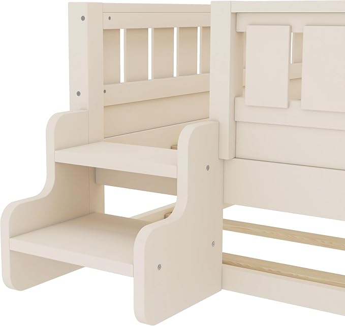 Bellemave Twin Size Kids Bed with high Rails and with Built-in Bookshelf and Trundle for Kids, Girls, Boys, Wood Montessori Bed Without Door, Beige