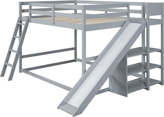 Full Over Full Bunk Bed with Ladder, Wooden Bunk Bed Frame with Slide and Shelves, Low Bunk Bed for Kids Teens Adult, Space-Saving Bedroom Dormitory Furniture (Gray + Pine-05)
