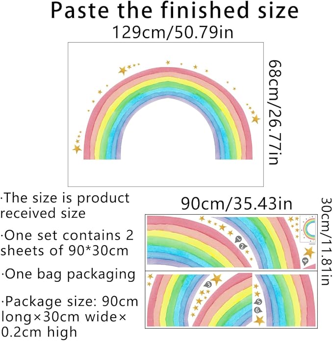 Large Watercolor Rainbow Wall Stickers, Star Colorful Peel and Stick Wall Decals, Baby Room Nursery Kids Bedroom Art Wall Decor