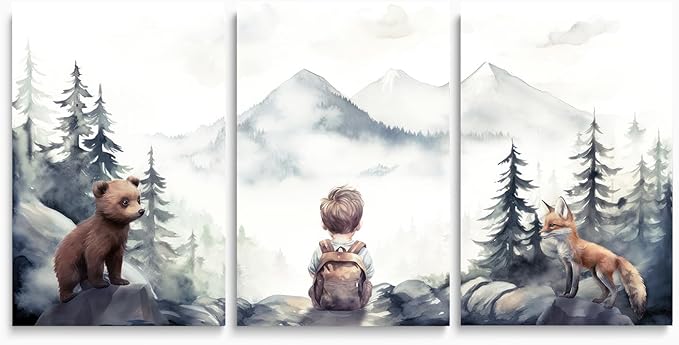 Baby Boy with Animals Adventure Nursery Decor, Adventure Toddler Decor, Watercolor Woodland Forest Nursery Wall Decor for Boy's Bedroom, Outdoor Children's Room Decor Print, Framed Set of 3, 12"x16"