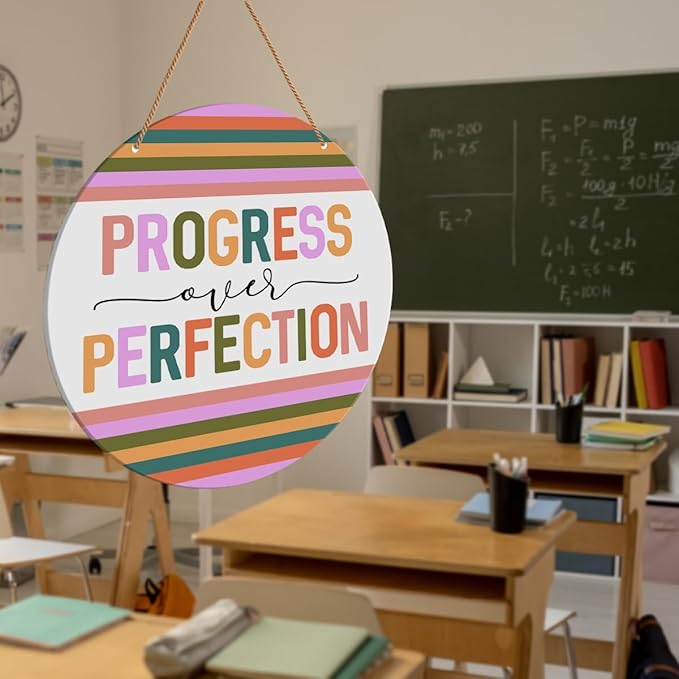 HSNBT Boho Classroom Wall Decor, Nursery kindergarten Classroom Positive Wall Decor Primary School Hanging Sign Decoration, Progress Over Perfection
