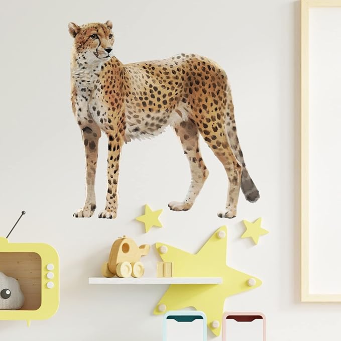 Lifelike Standing Cheetah Wall Decal Nursery Tropical Animal Leopard Wall Sticker Removable Peel and Stick Wall Art Decor Stickers for Kids Baby Classroom Preschool Living Room Bedroom School
