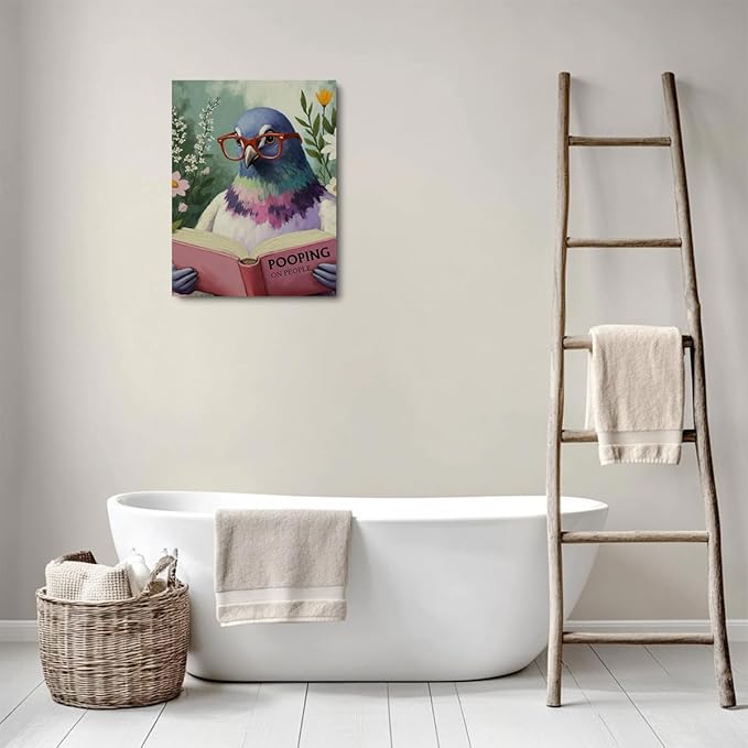 Funny Pigeon Humorous Bird Reading Book Lovers Gifts Poster Wall Decor Canvas Wall Art Framed Artwork Bookworm Posters Painting for Home Library Office Study Bathroom Decorations 11.5X14.5 Inch