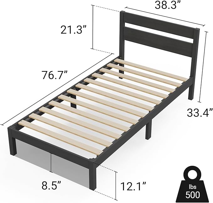 LIFEMENT Classic Wood Platform Bed Frame with Headboard, Essential, Noise Free, Under Bed Storage, No Box Spring Needed, Easy Assembly (Black, Twin)