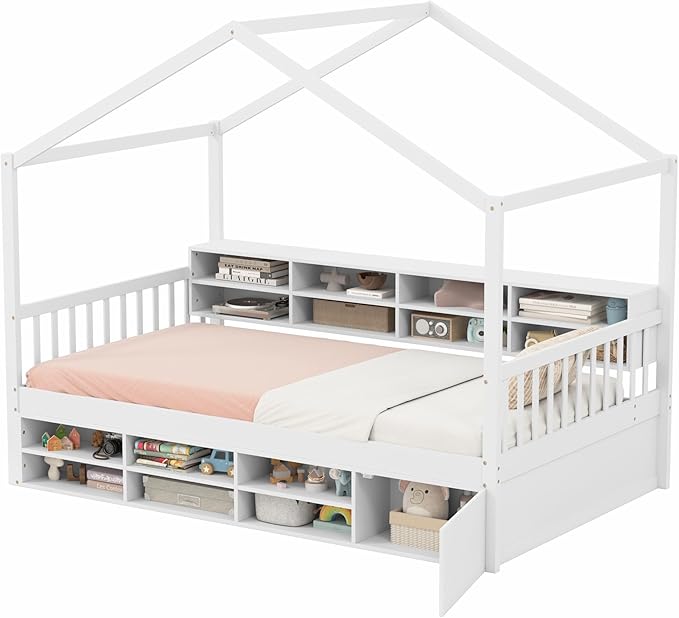 KOMFOTT Twin Size Wood House Bed with Storage Shelves, Wooden Platform Bed Frame with Storage Cabinet, Headboard & Footboard, House Bed with Wood Slats Support, No Box Spring Needed (White)