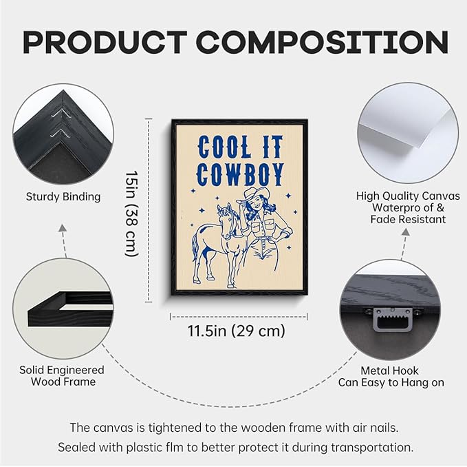 Western Cowgirl Wall Art, cool it cowboy message, vintage western wall decor, matte finish framed canvas print, western poster artwork, for country bar game room gift, 12x15 inch