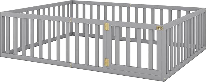 Merax Queen Floor Bed with Safety Guardrails and Door, Wood Montessori Floor Bed Frame for Kids, Queen Playhouse Bed Frame for Baby Girls and Boys, Grey