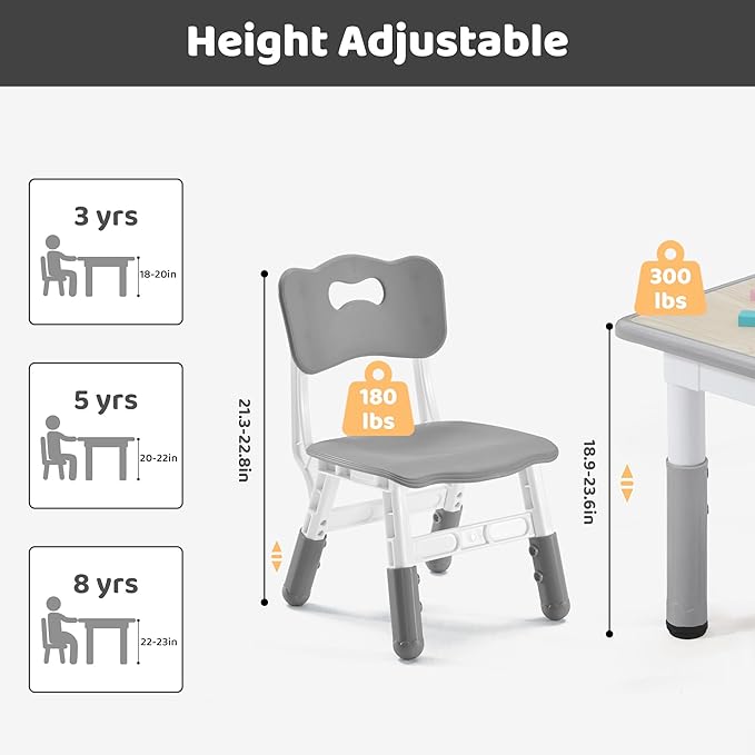 Kids Table & Chairs Set (2 Chairs) Height Adjustable for Ages 2-8 | Non-Slip Toddler Activity Table with Wipe-Clean Desktop, Montessori Learning & Art Drawing Tables for Home Preschool