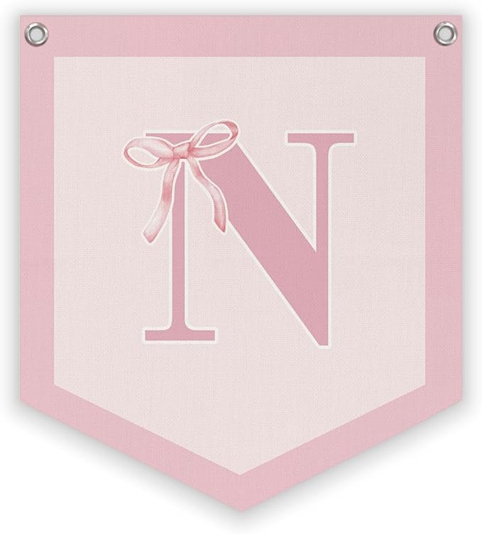 Lacama Initial Personalized Preppy Banner, Baby Girl Nursery Shower Decor Gifts, Coquette Pink Bow Teen Girl Gifts, Vintage Room Decor Toddler Room Bedroom Playroom Front Door Birthday Gift(N)