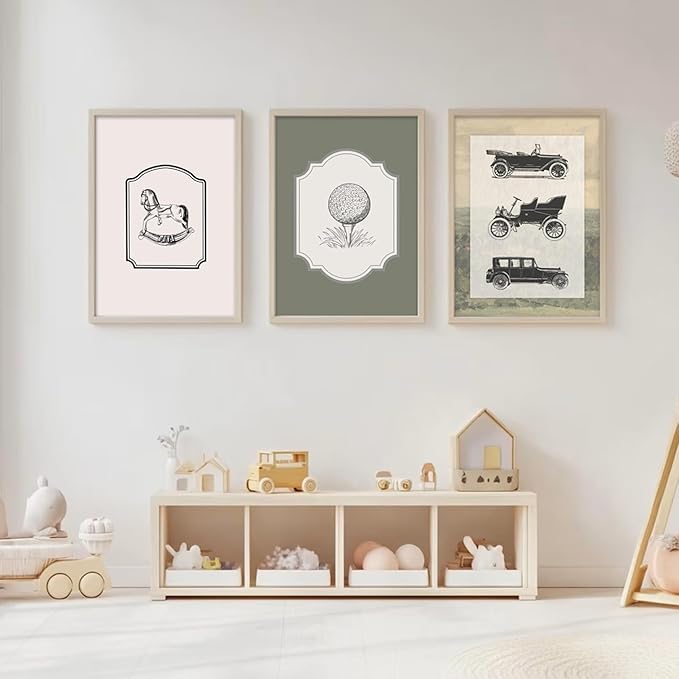 6Pcs Sage Green Vintage Nursery Wall Art Teddy Bear Golf Sports Wall Decor Toddler Vehicle Painting Pictures Vintage Cars Farmhouse Poster for Kids Boys Room Playroom Bedroom 12x16in Unframed