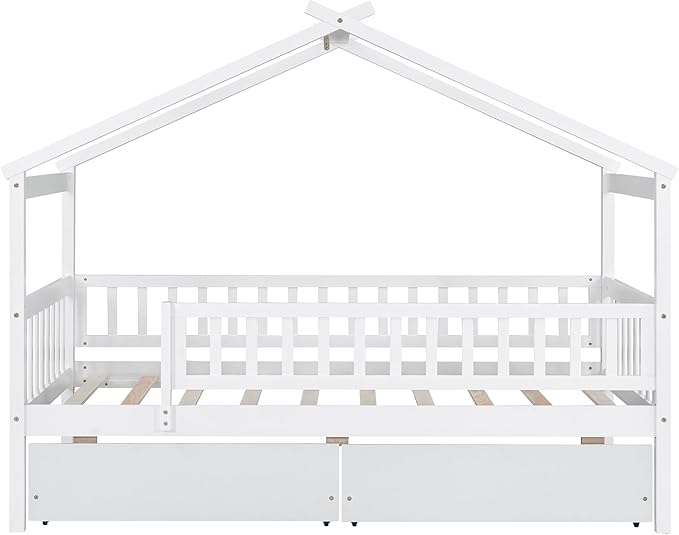 Aoowow Twin Size House Bed with Storage Drawers,Kids Wooden Bed Frame Twin House Bed with Slats and Fence for Boys Girls Teens for Bedroom(White)