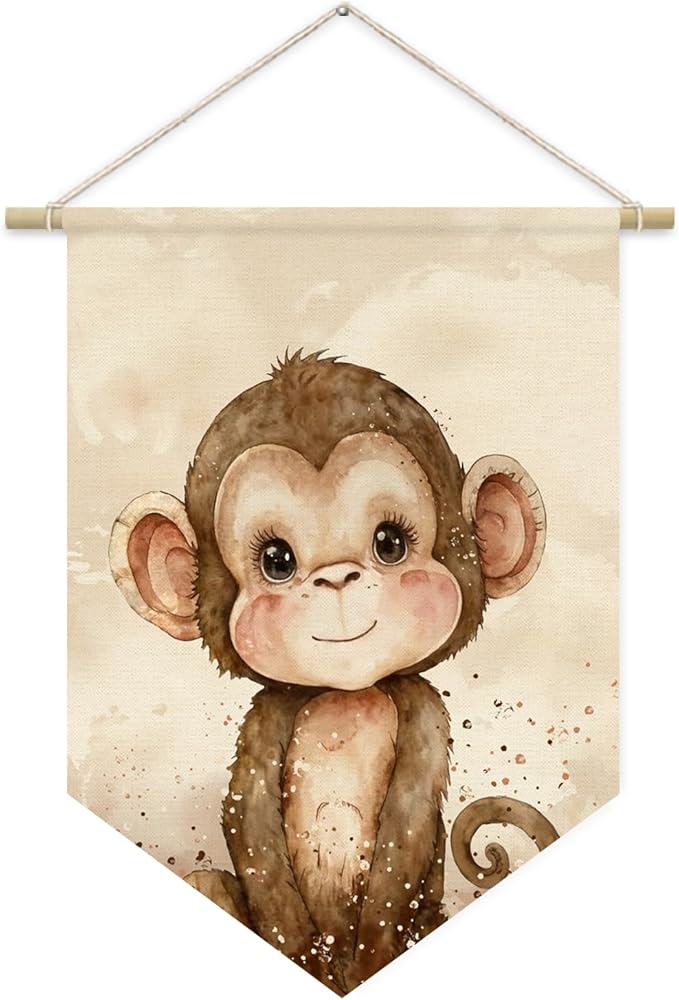 Safari Nursery Decor, Baby Monkey Cute Wall Art,Kids room Canvas Banner, Woodland Nursery Decor, Watercolor Animal Monkey for Living Room Bedroom, Hanging Pennant Flag Banner 15x11in