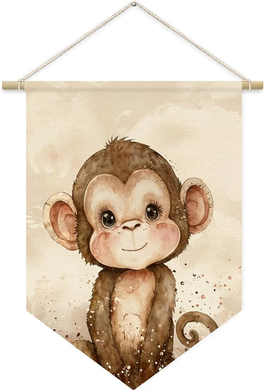 Safari Nursery Decor, Baby Monkey Cute Wall Art,Kids room Canvas Banner, Woodland Nursery Decor, Watercolor Animal Monkey for Living Room Bedroom, Hanging Pennant Flag Banner 15x11in