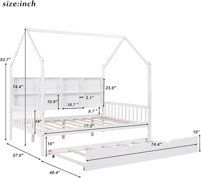 Harper & Bright Designs Full House Bed with Trundle, Wood Kid Daybed Frame with Storage Shelves for Kids, Teens, Solid Wood Structure & House-Shaped, White