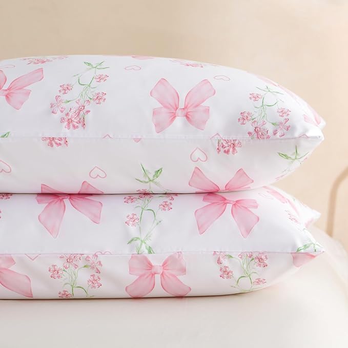 Duvet Cover Full 3Pcs Pink Floral Bow Bedding Set for Girls Kids, Romantic Princess Style Bowknot Bedding, Ultra Soft Reversible Garden Flower Duvet Cover Set(2 Pillowcases,No Comforter)