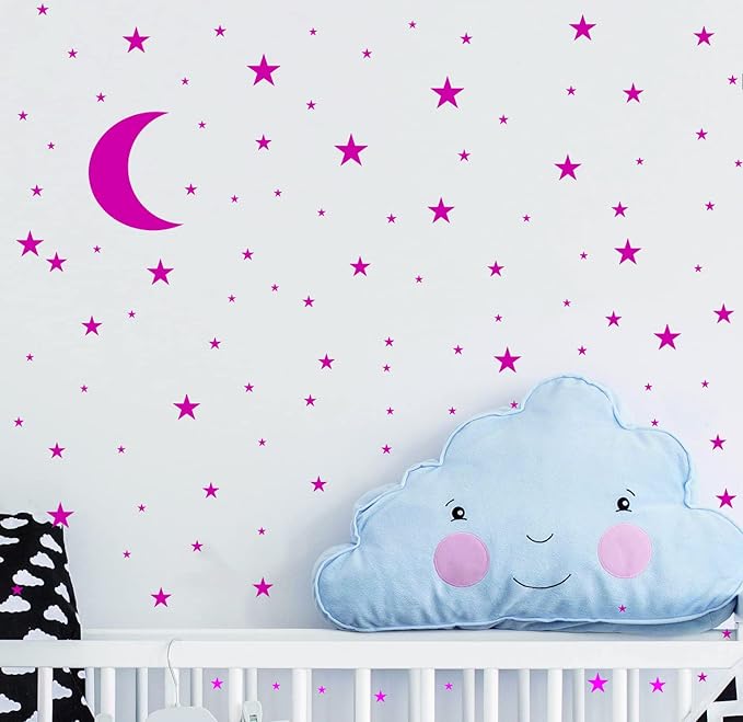 Moon and Stars Wall Decal Vinyl Sticker for Kids Boy Girls Baby Room Decoration Good Night Nursery Wall Decor Home House Bedroom Design YMX16 (Blush)