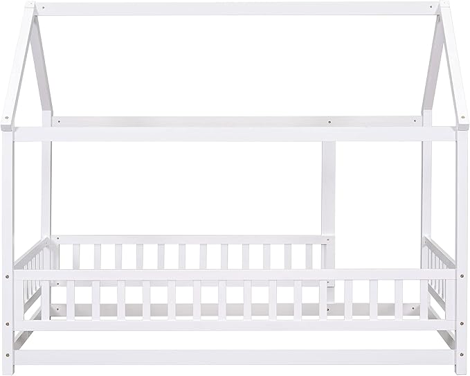 Bellemave Twin Size House Floor Bed,Wooden Montessori Bed with Fence and Roof for Kids,Twin Bed Frame for Boys,Girls(Twin,White)