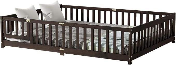 Queen Size Floor Bed for Kids, Wood Montessori Floor Beds with Fence Railings, Door & Slats Support, Queen Playhouse Bed Frame for Boys Girls, No Box Spring Needed, Espresso