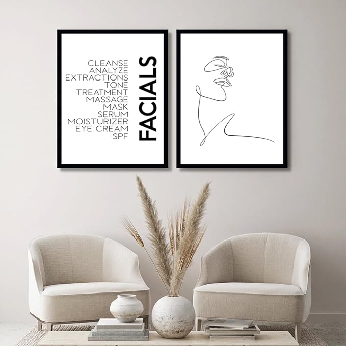 Minimalist Wall Art Prints Black and White Abstract Line Art Facials Quotes Wall Art Spa Beauty Decor Woman Face Sketch One Line Drawing Wall Art Framed(12x16Inch Black Frame)