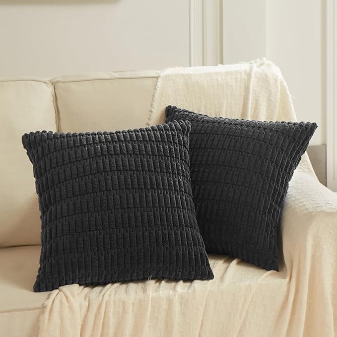 Fancy Homi 2 Packs Black Decorative Throw Pillow Covers 16x16 Inch for Living Room Couch Bed Sofa, Rustic Farmhouse Boho Home Decor, Soft Striped Corduroy Square Cushion Case 40x40 cm