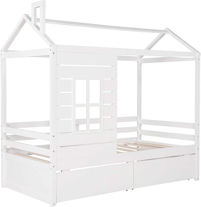 Merax House Bed with Two Drawers, Window and Roof, Twin Size Wood Storage Bunk Bed Daybed Can be Decorated for Girls, Boys (White)