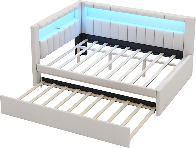 Full Size Daybed with Trundle and L-Shaped Bookshelf Headboard, Linen Upholstered Soft Corner Bed with Storage Shelves, Charging Station and LED Belt for Kids Boys Girls, White