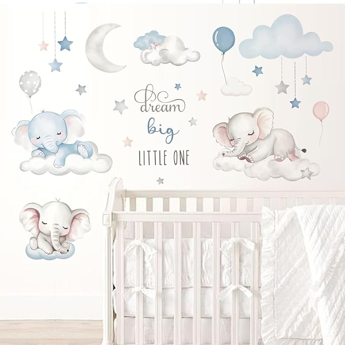 Dream Big Little One Elephant Wall Stickers,Dreamy Moon Stars Balloons Cloud Decor for Kids Room, Nursery & Play,Living Room,Bedroom