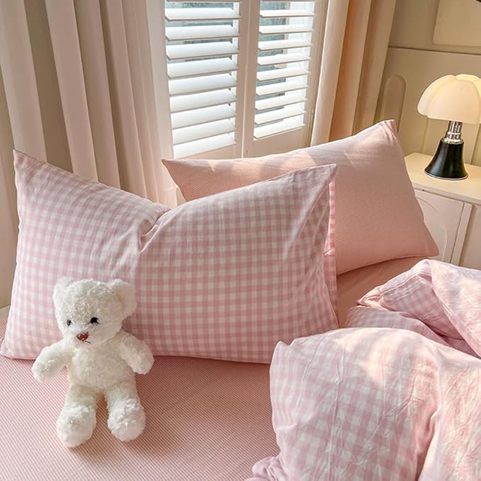 Nayoroom Pink Gingham Comforter Set Full Size Plaid Checkered Comforter 3 Pcs Soft Lightweight Grid Farmhouse Dorm Bedding Set for All Seasons (1 Comforter, 2 Pillowcases)