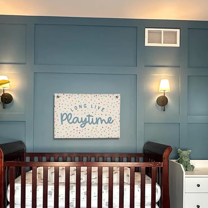 Playroom Decor, Kids Wall Art Hanging Linen Banner, Blue Striped Wall Flag for Kids Room Nursery Playroom Decor, 20x30 Inch